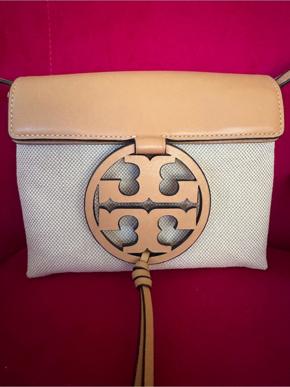 Tory Burch Natural Canvas Crossbody with Tan Leather Logo